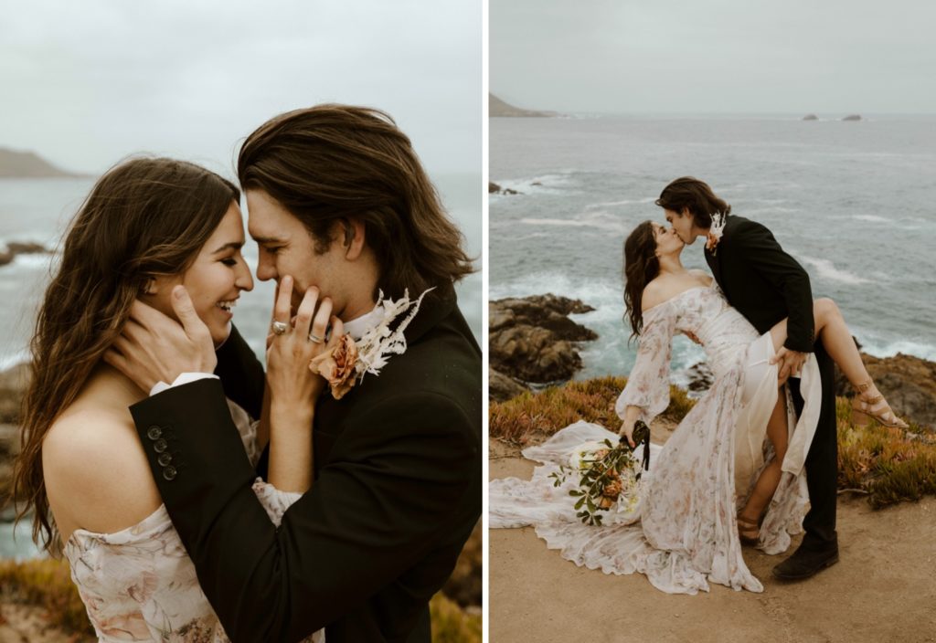 Wedding couple doing the dip kiss pose on the coast in Big Sur 
