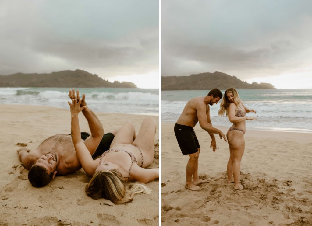 couple being playful on the beach
