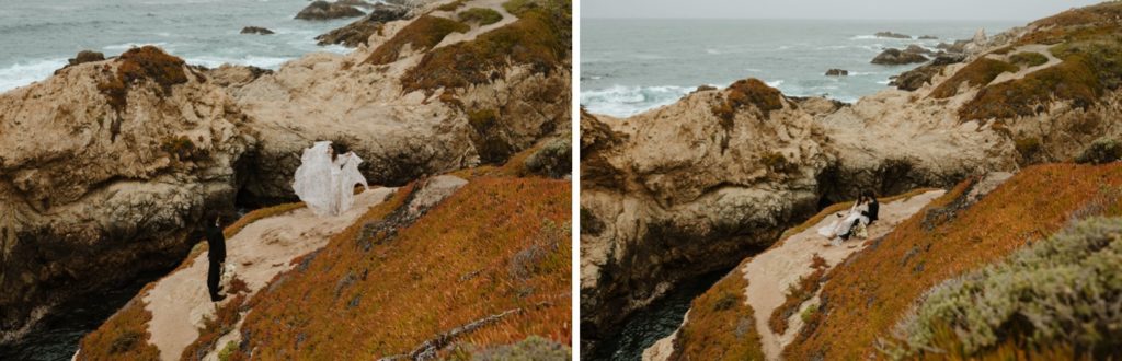 Couple cuddling on the cliffs in Big Sur
