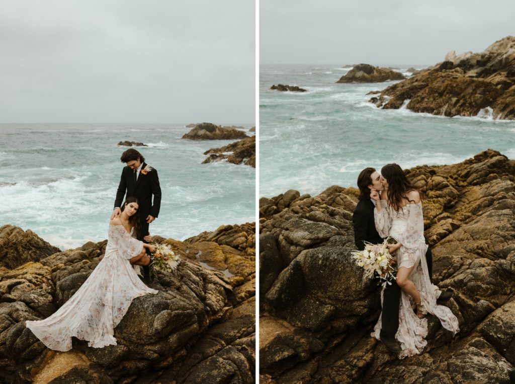 Wedding couple kissing and sitting on the rocks in Big Sur 