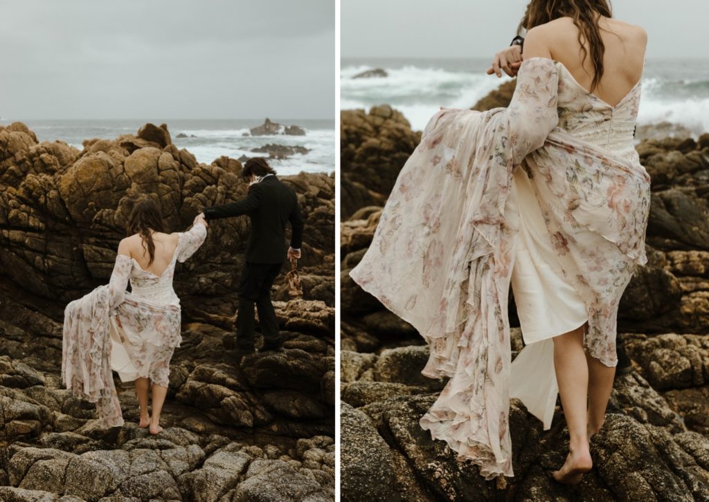 Barefoot wedding couple hiking on the rocks in Big Sur