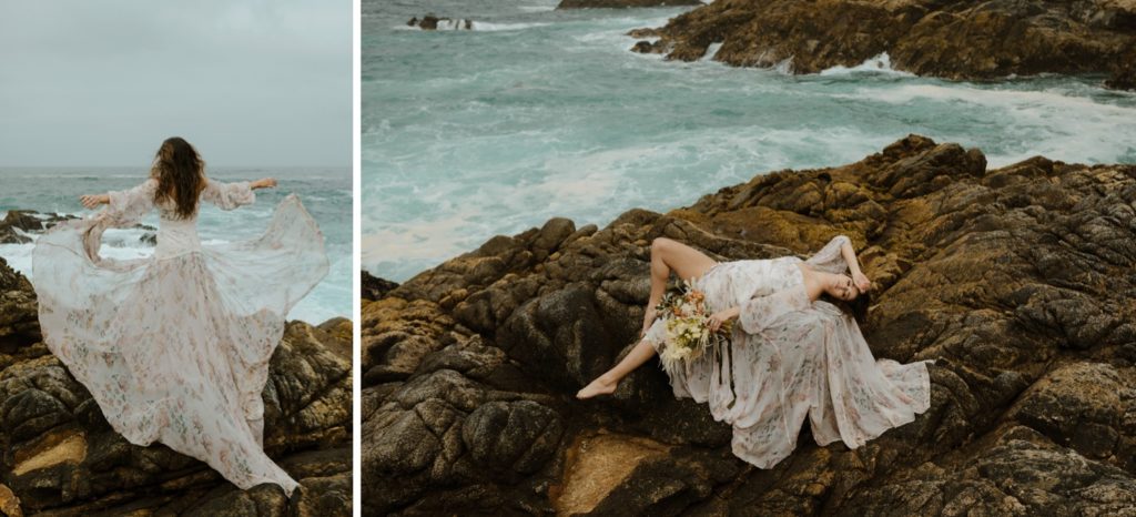 Bride throwing her dress by the ocean
