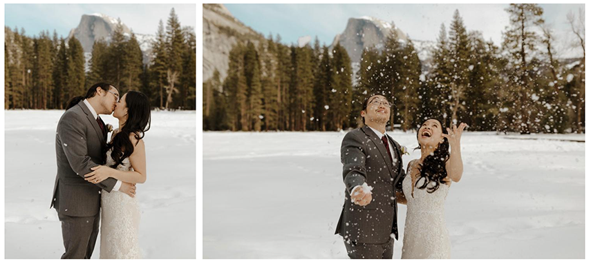wedding couple throwing snow in the air celebrating their marriage in yosemite 