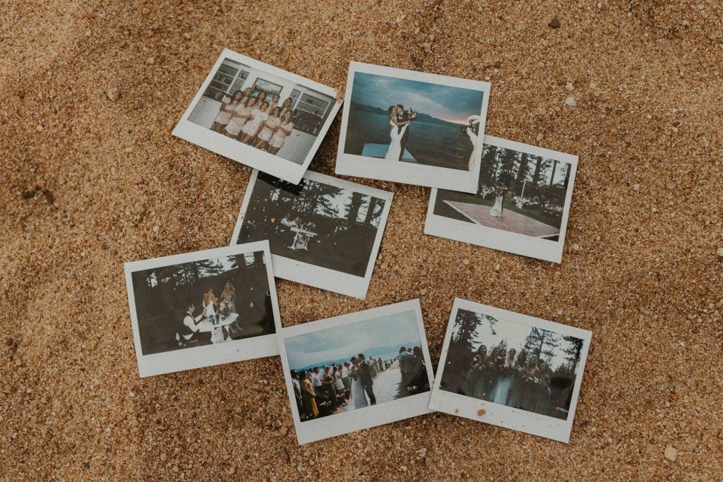 polaroids in the sand of a wedding day