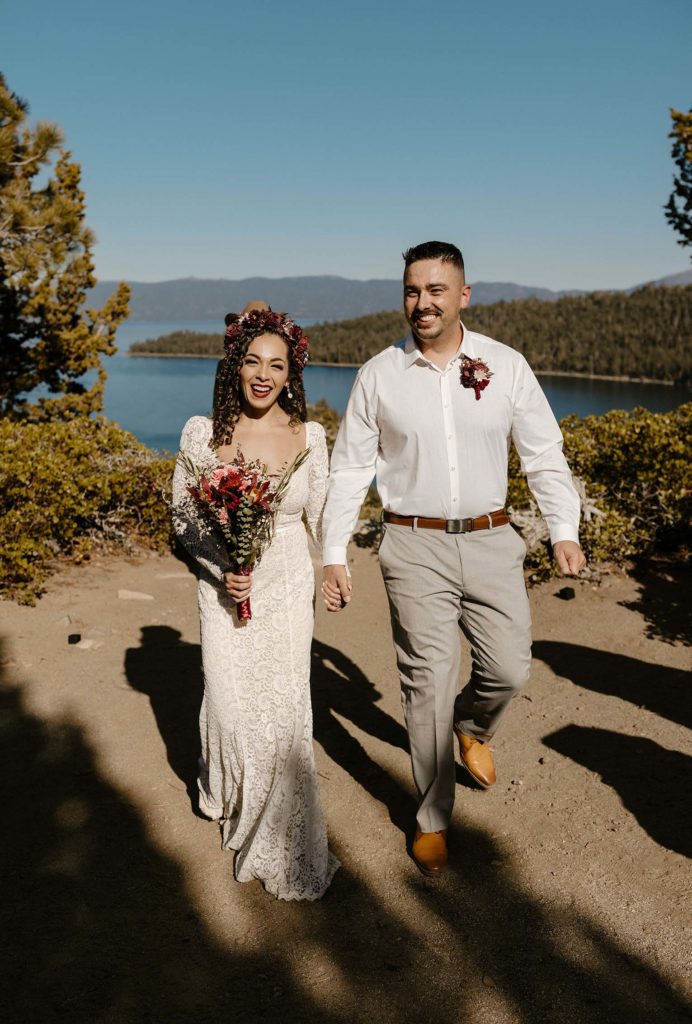 bride and groom smiling after they got married in lake tahoe