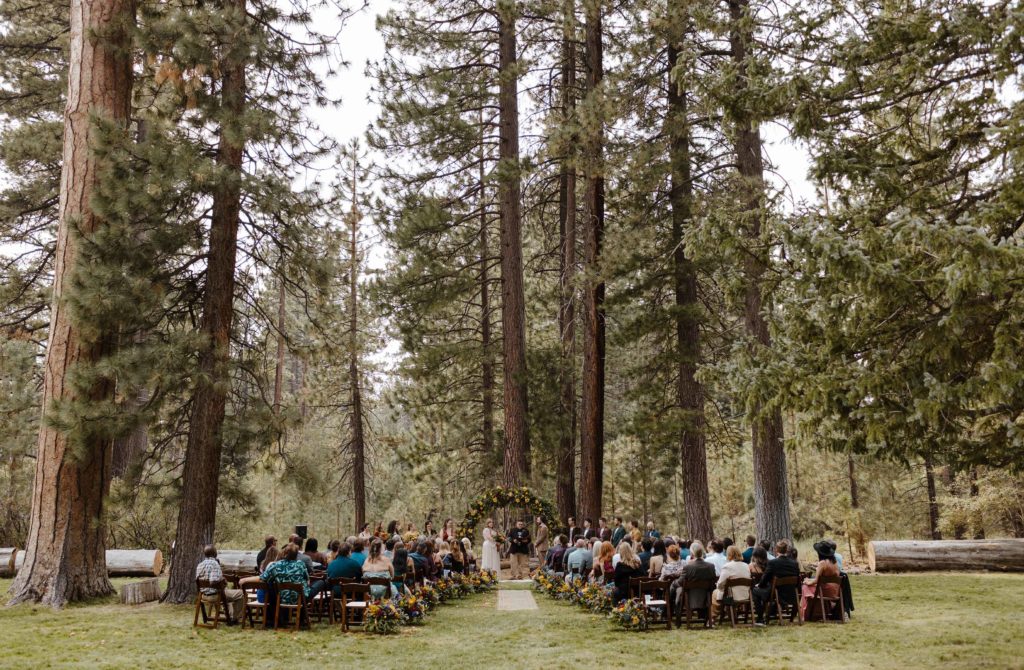 Overview of wedding ceremony outside at vallhalla in Lake Tahoe