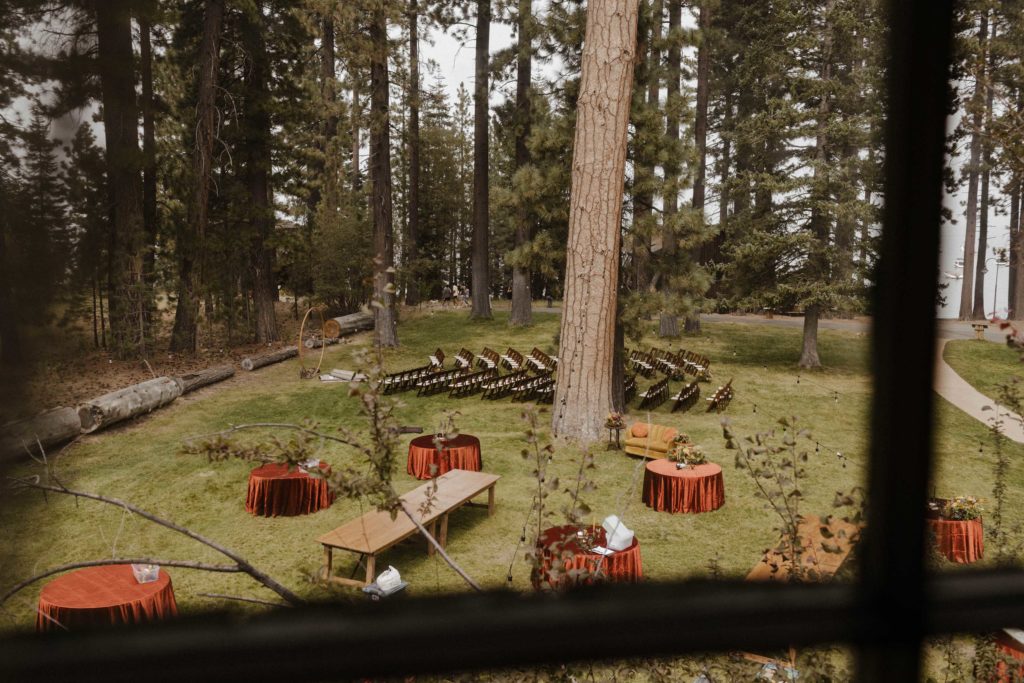 Wedding ceremony and reception viewed from 2nd story window in Lake Tahoe
