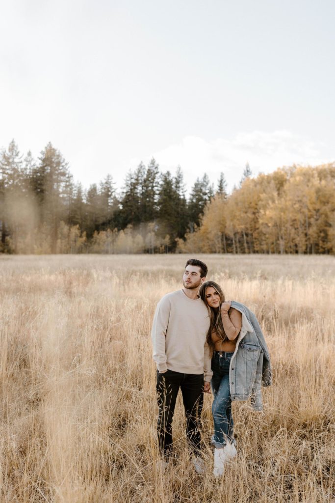 couple looking opposite ways in a golden meadow in lake tahoe