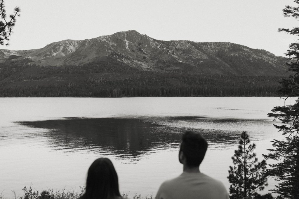couple overlooking the lake for their engagement photos