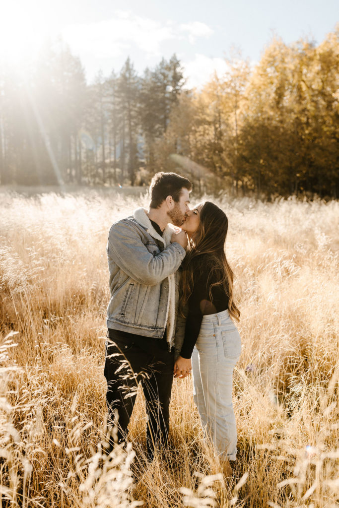 couple kissing in a golden meadow in lake tahoe 