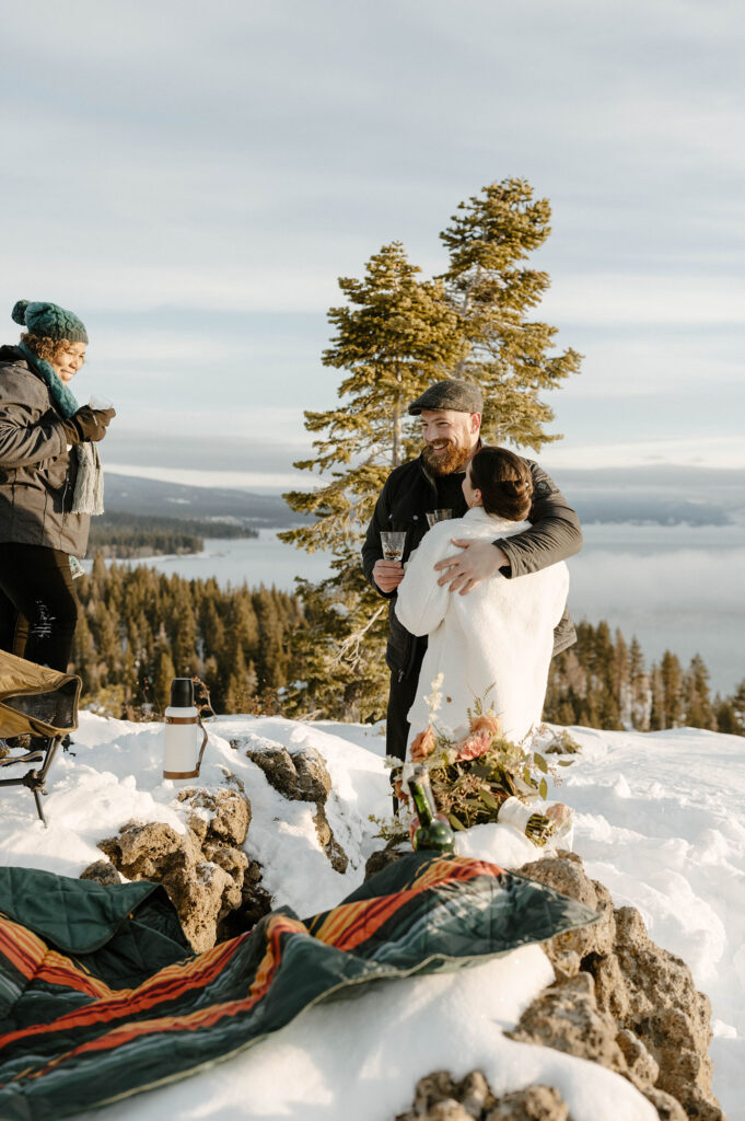 wedding couple hugging each other in lake tahoe