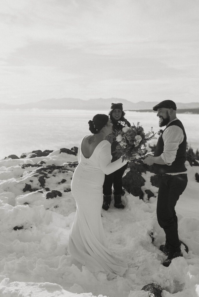 elopement couple smiling at their ceremony in lake tahoe
