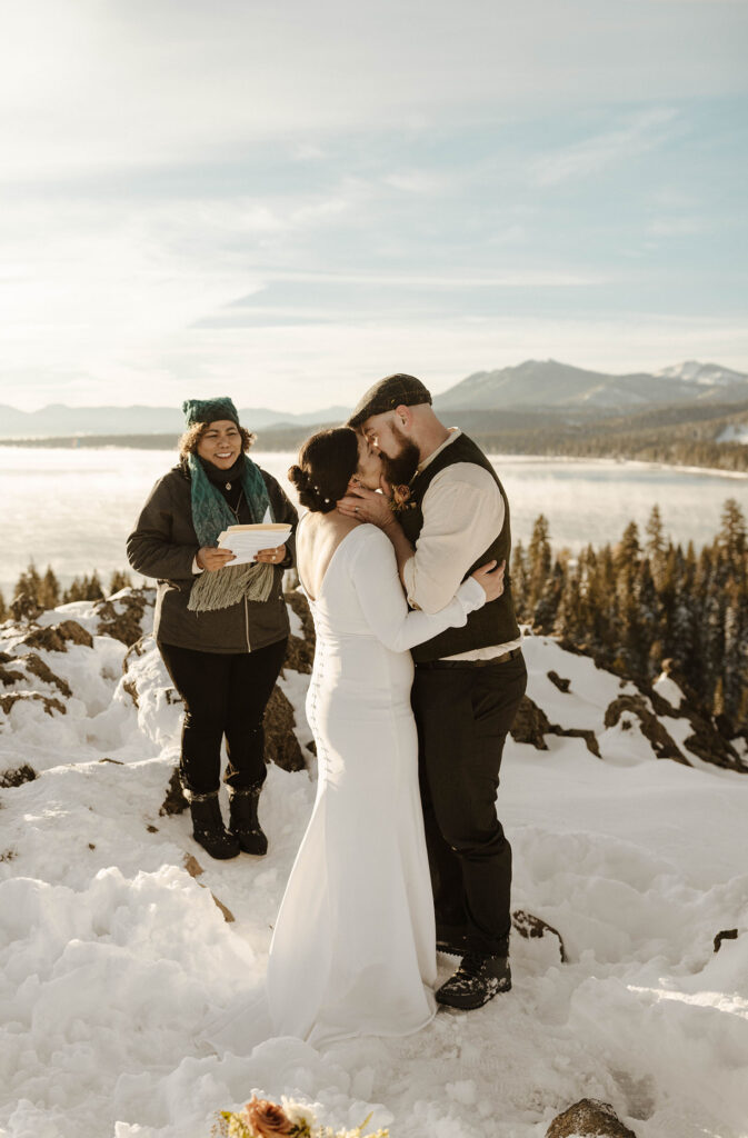 elopement couple first kiss in lake tahoe