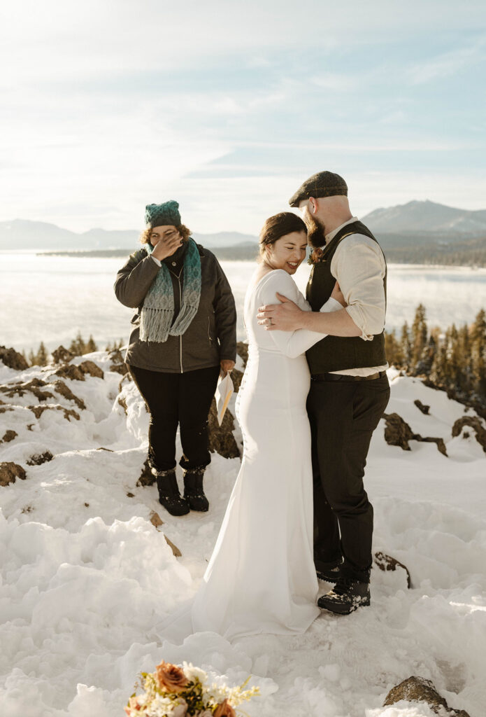officiant wiping their tears during a ceremony in lake tahoe
