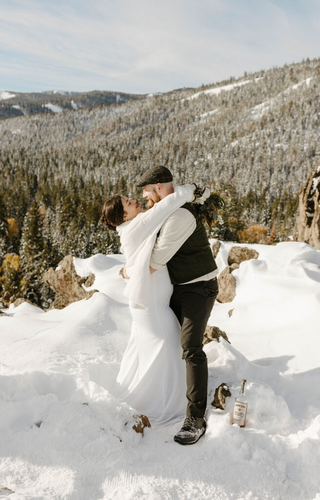 elopement couple hugging in lake tahoe