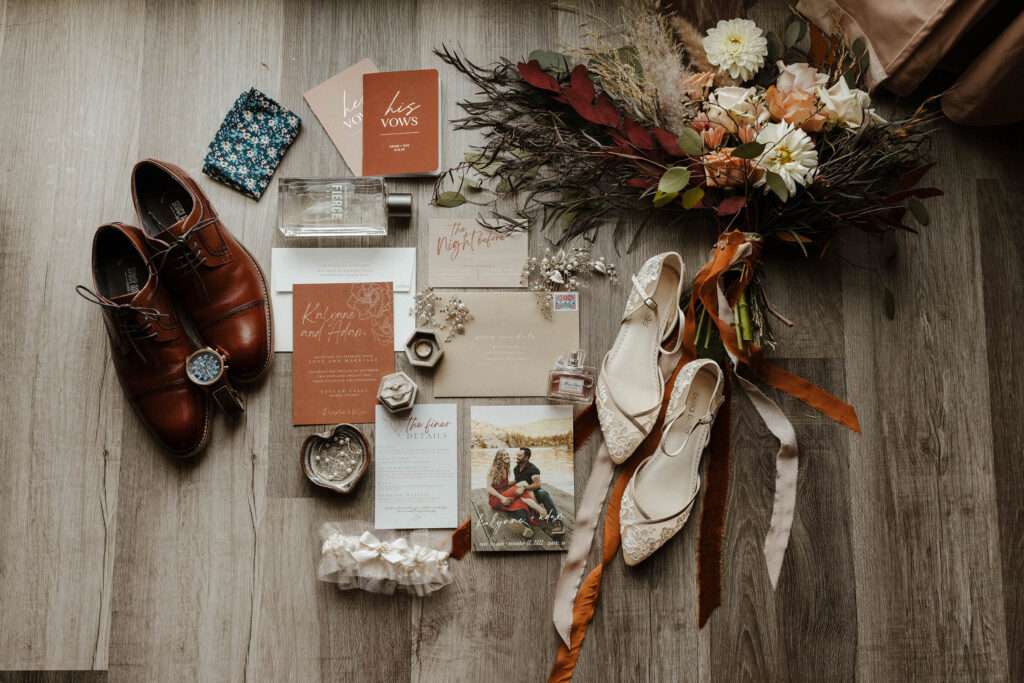 winter wedding details laid out at tuscan falls wedding