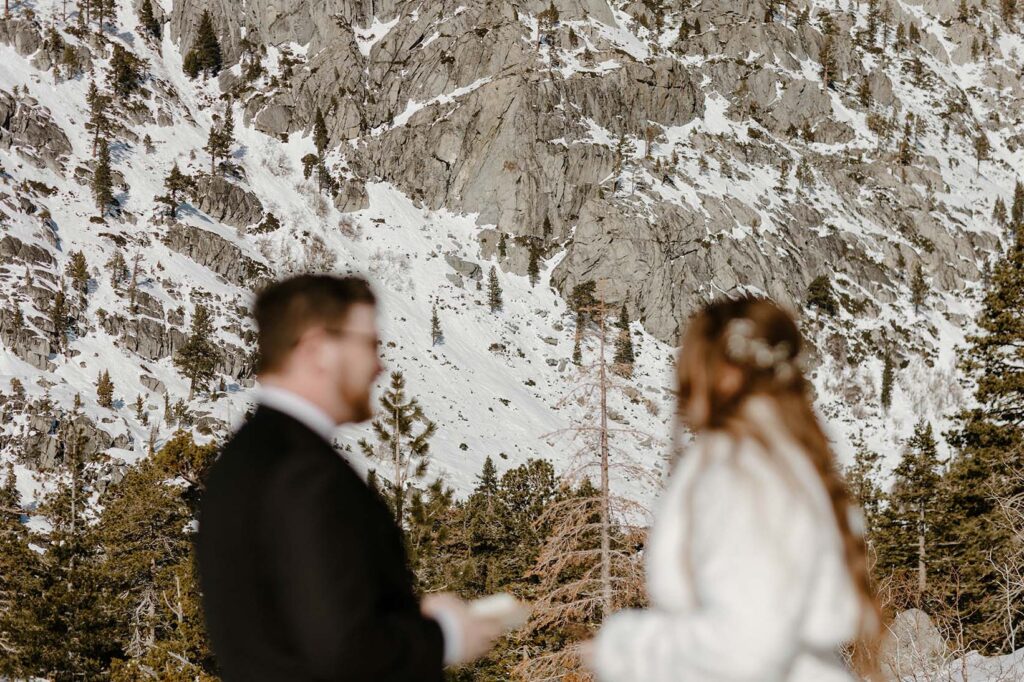 elopement couple sharing vows with the mountains in focus behind them