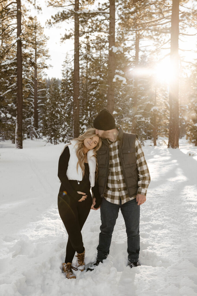 winter maternity couple in lake tahoe