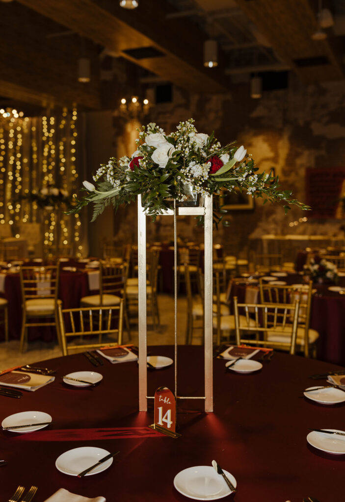floral table setup for a winter wedding at the whitney peak hotel
