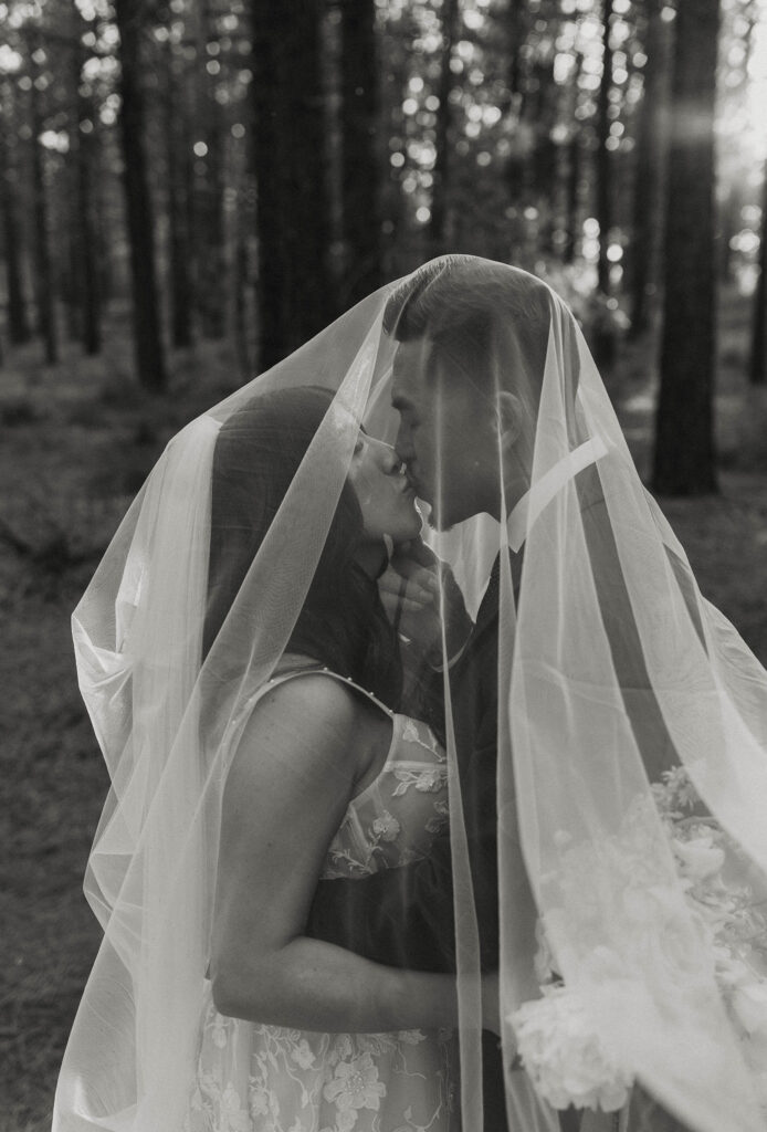 Wedding couple kissing while both are under bride's wedding veil at Chalet View Lodge