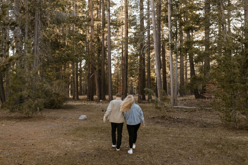 Engagement couple holding hands while walking away from camera towards tall trees at Meeks Bay