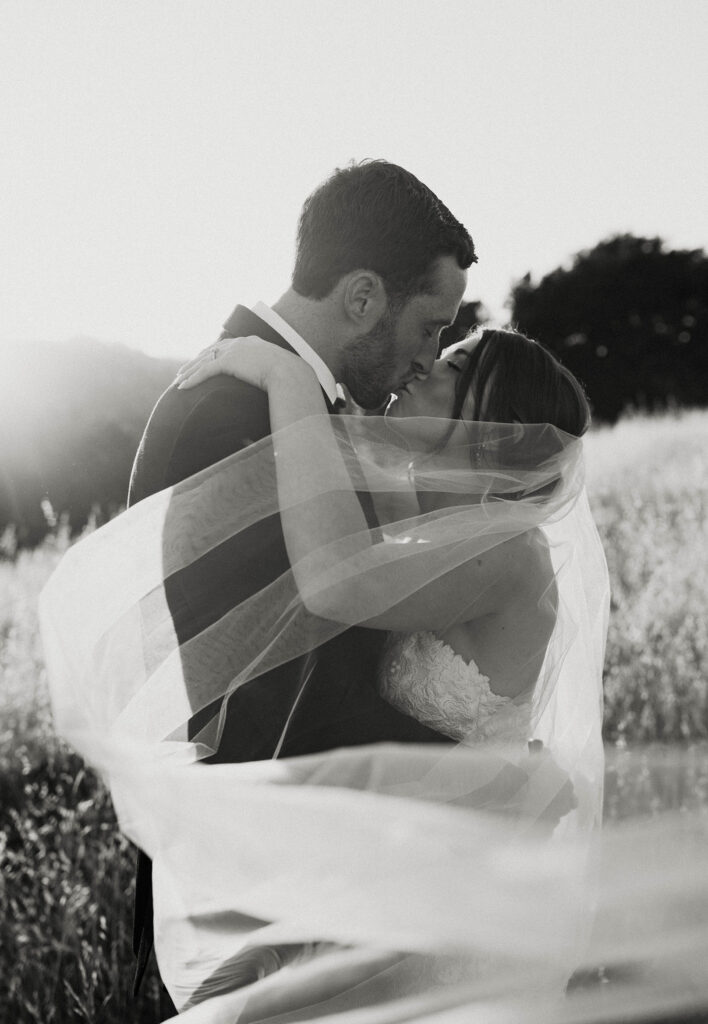 Wedding couple kissing while bride's veil partially covers them with golden field behind them at French Oak Ranch