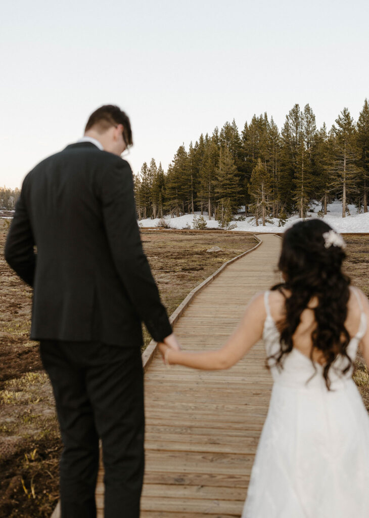 Wedding couple holding hands while facing away from the camera with wooden walkway and tall trees in background at the Tannenbaum