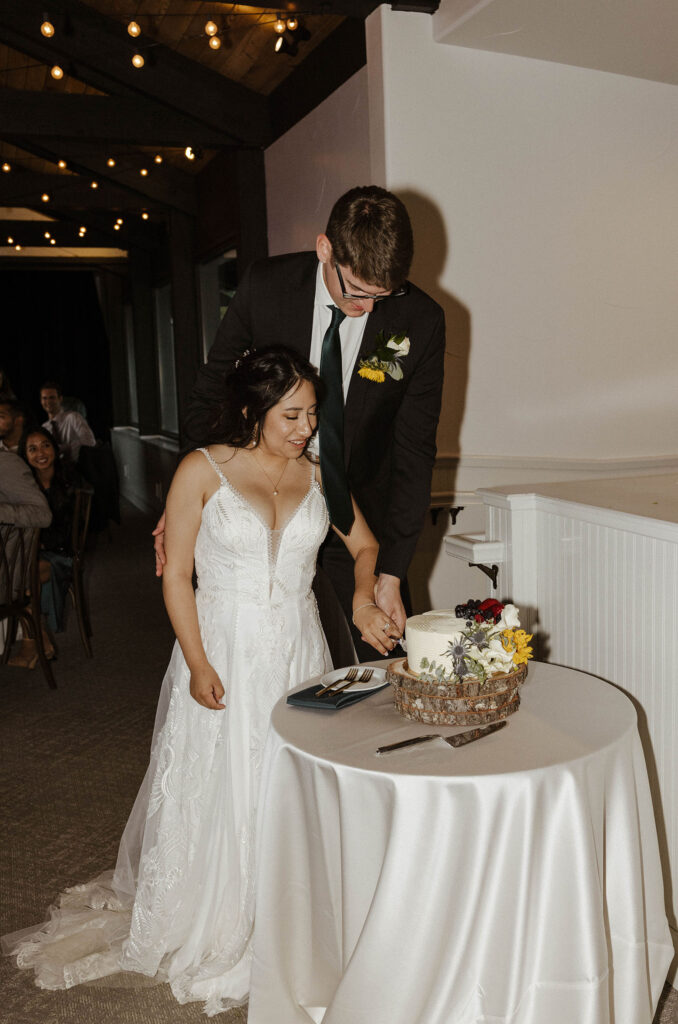 Wedding couple holding knife and cutting cake together while both smile at the Tannenbaum