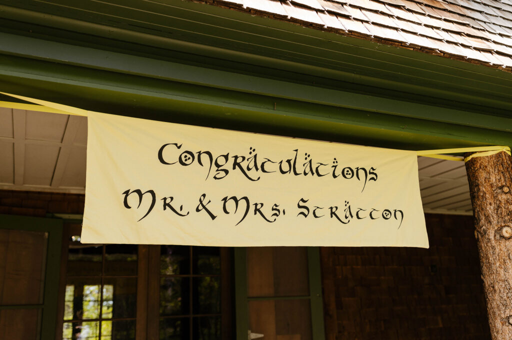 Congratulations wedding sign with lord of the rings themed font at Valhalla in Lake Tahoe
