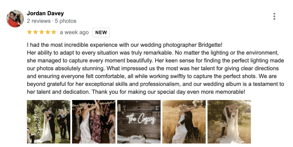 Google review from a client to Bridgette Wuest Photography