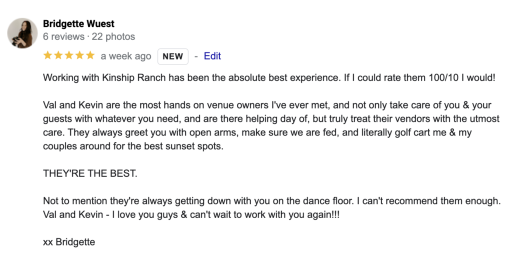 google review from Bridgette Wuest Photography to Kinship Ranch