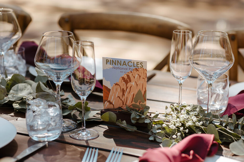 National park wedding reception table sign at dancing pines