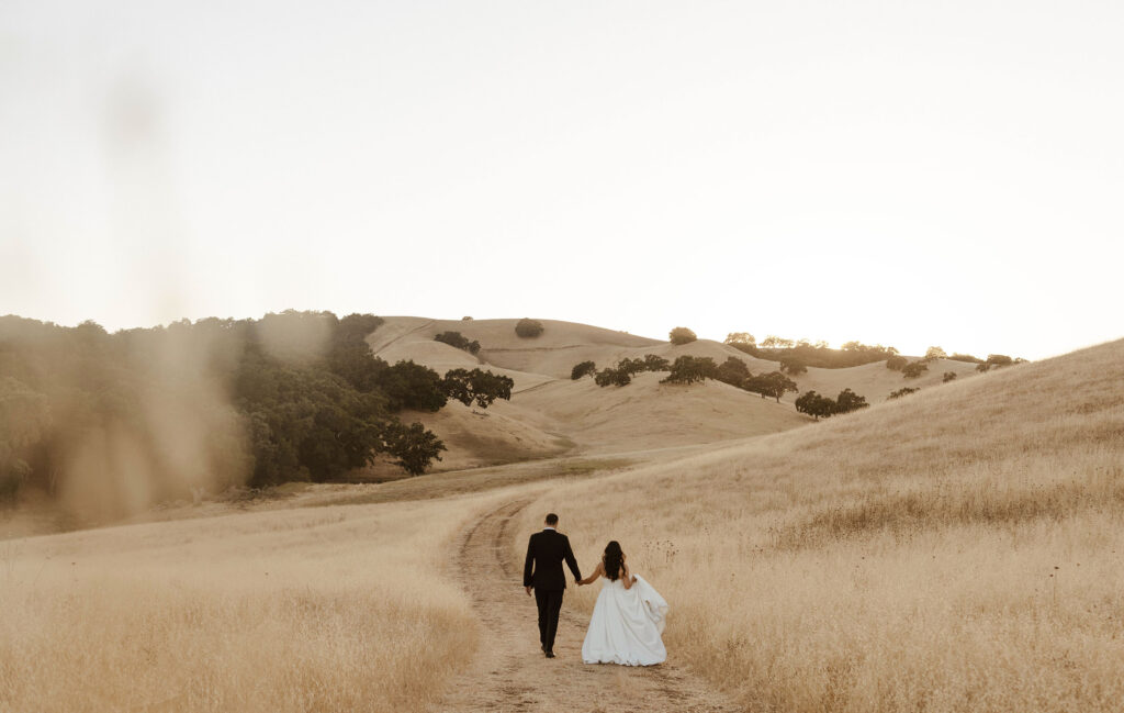 Wedding couple holding hands while walking down a dirt path away from the camera surrounded by golden fields at Willow Heights mansion