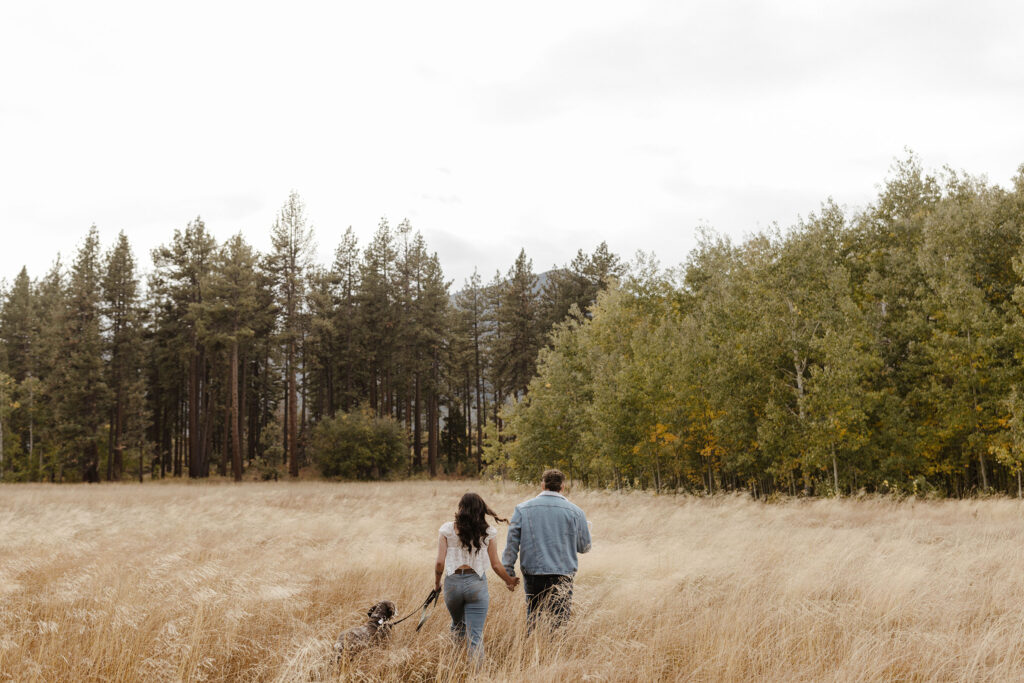 couple walking in a meadow in south lake tahoe taking engagement photos