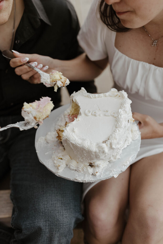 vintage wedding cake being eaten in south lake tahoe