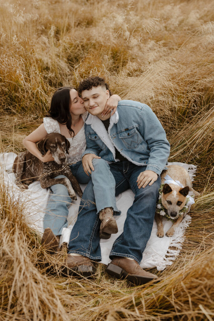 engagement couple sitting in a meadow in south lake tahoe with their dogs while the woman kisses the mans cheek