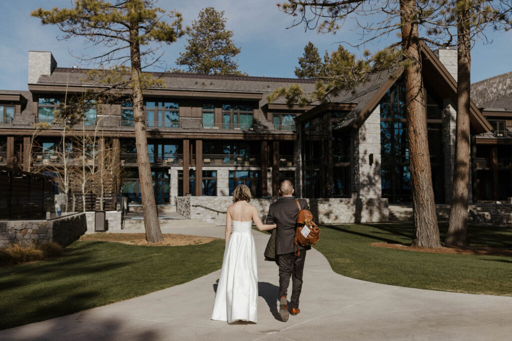 bride and groom walking at the edgewood hotel in lake tahoe 