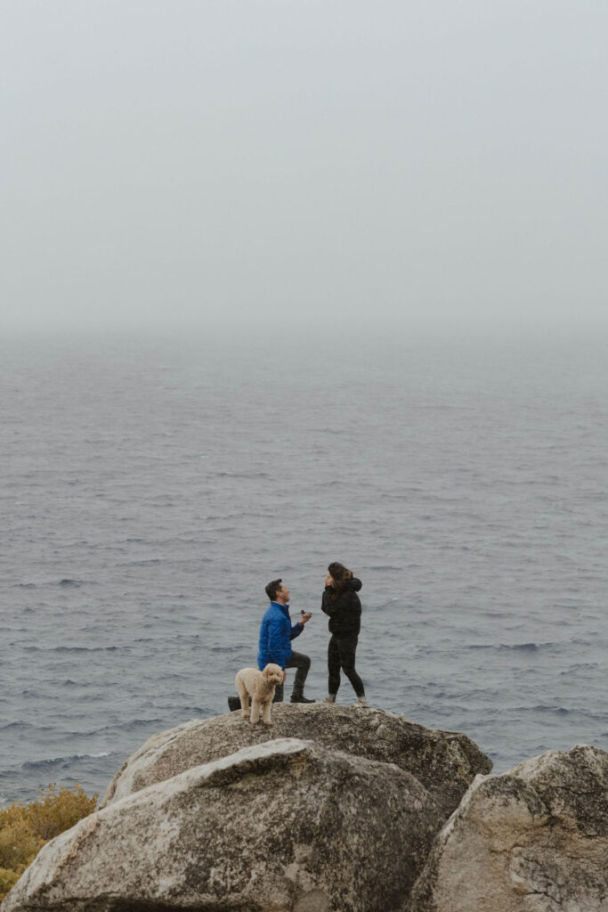 couple getting engaged in lake tahoe