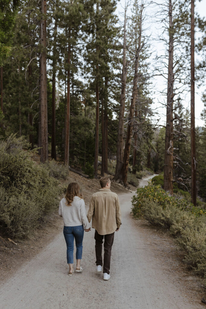 couple walking in lake tahoe through the pine trees