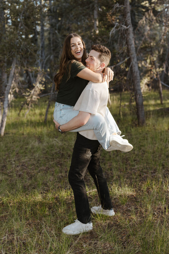 couple hugging for their fall mount rose meadows engagement photos