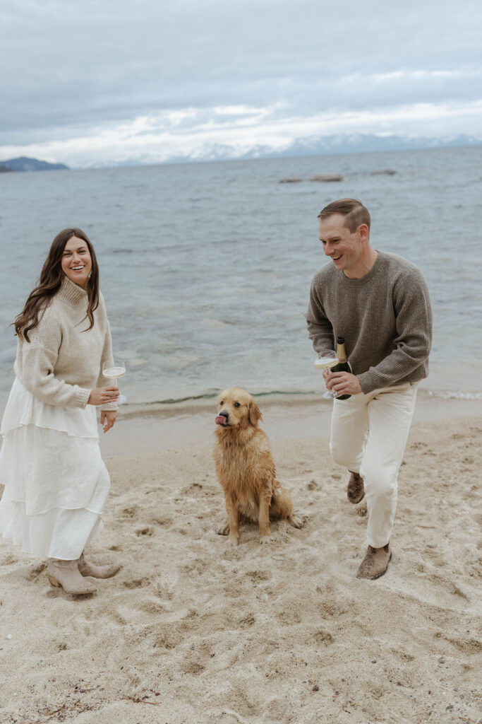 Engagement couple laughing while holding champagne and dog sits between them on a sandy beach in Lake Tahoe