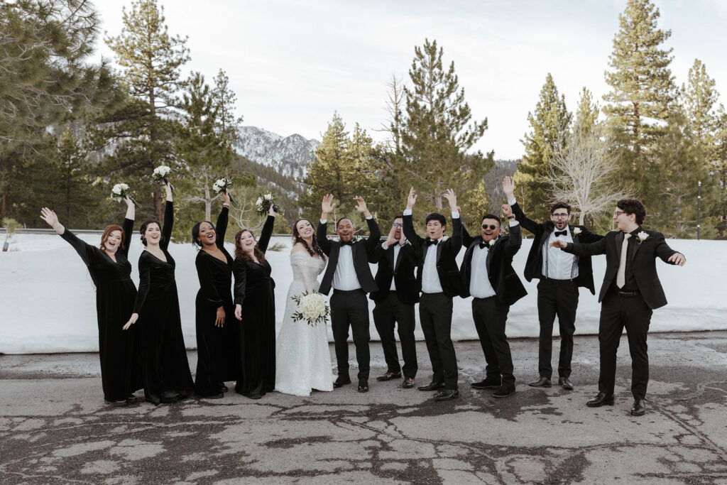 Wedding couple standing next to and celebrating with bridal party in front of snow at the Tannenbaum