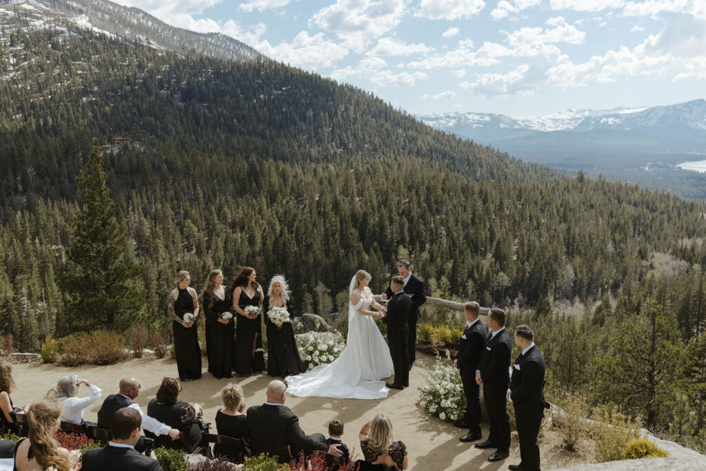 wedding ceremony at tahoe blue estate with wedding party in all black attire