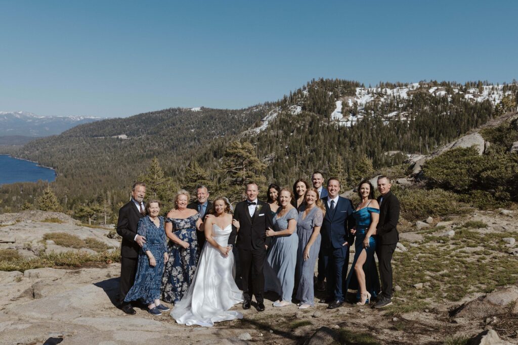 elopement group photo with their 12 guests in donner lake