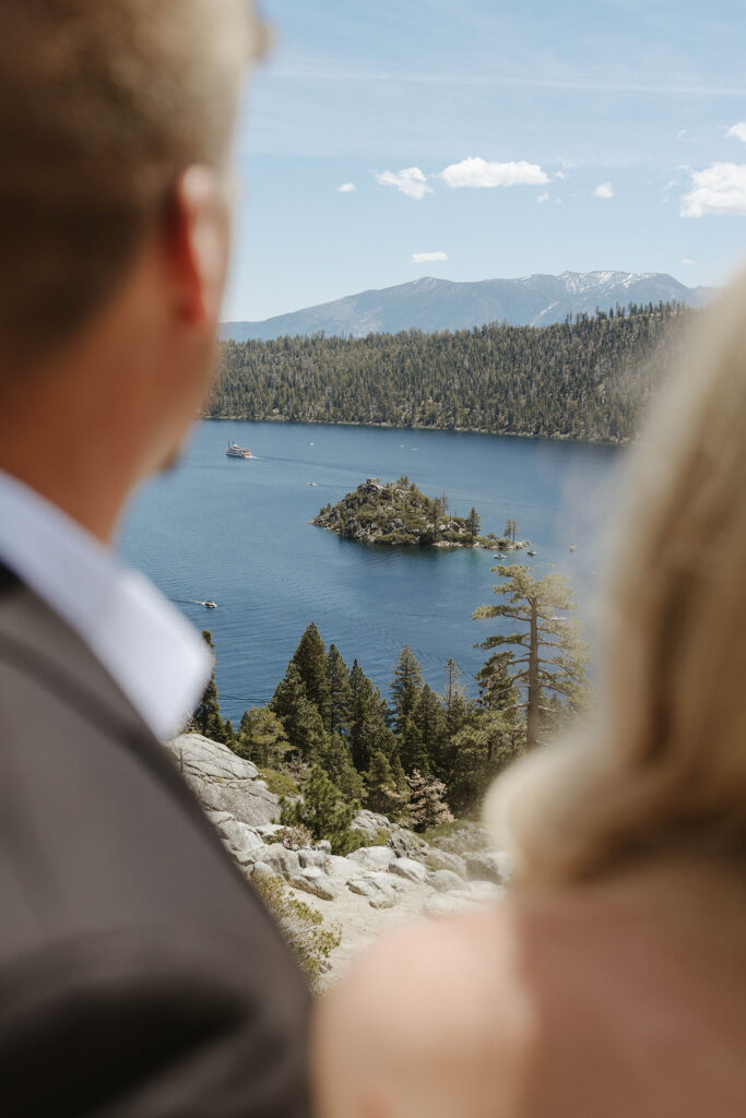 Close up of elopement couple looking at Lake Tahoe from Emerald Bay
