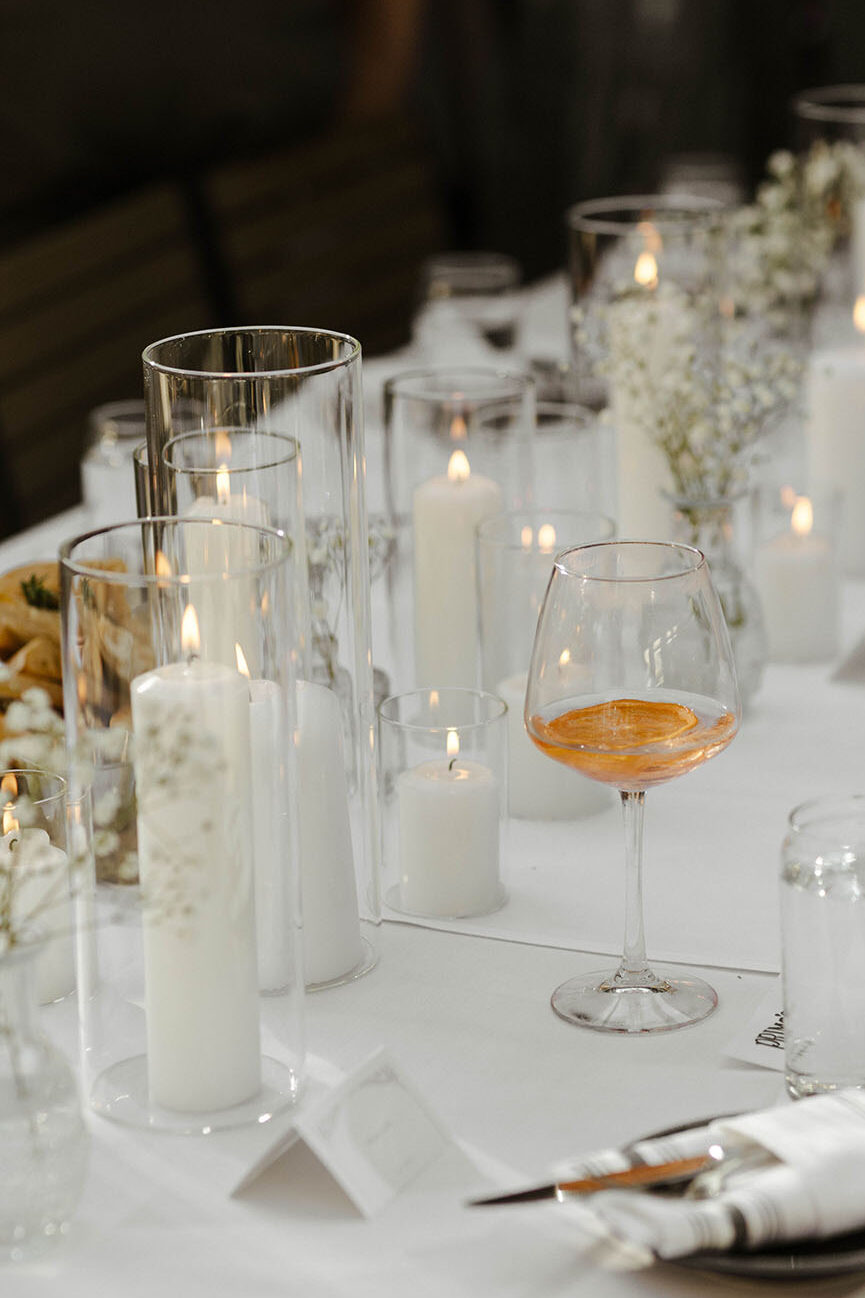 Close up of wedding reception table with withe decor at the Landing Tahoe Resort