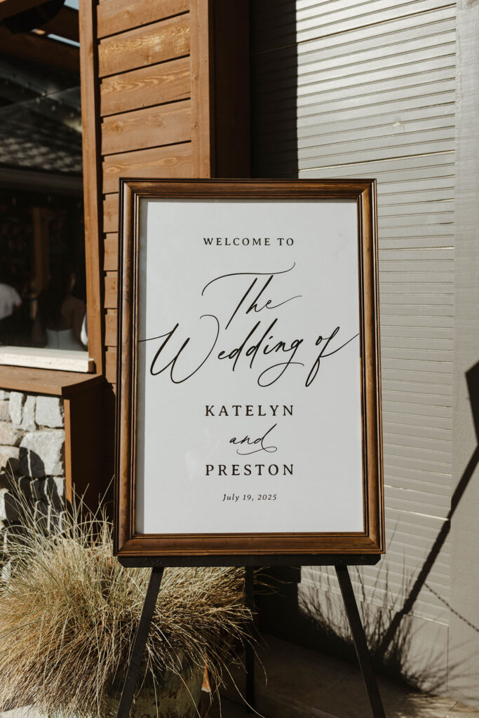 Wedding welcome sign with gold frame at the Landing Tahoe Resort