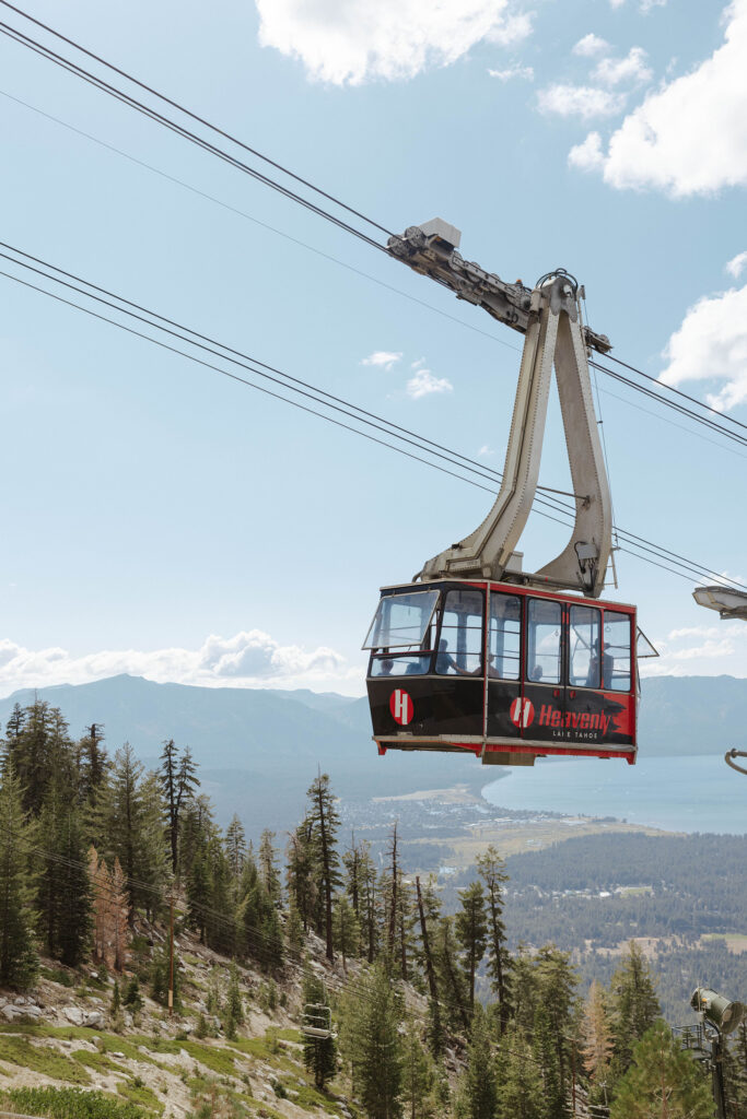 Heavenly cable car with pine trees and Lake Tahoe in background