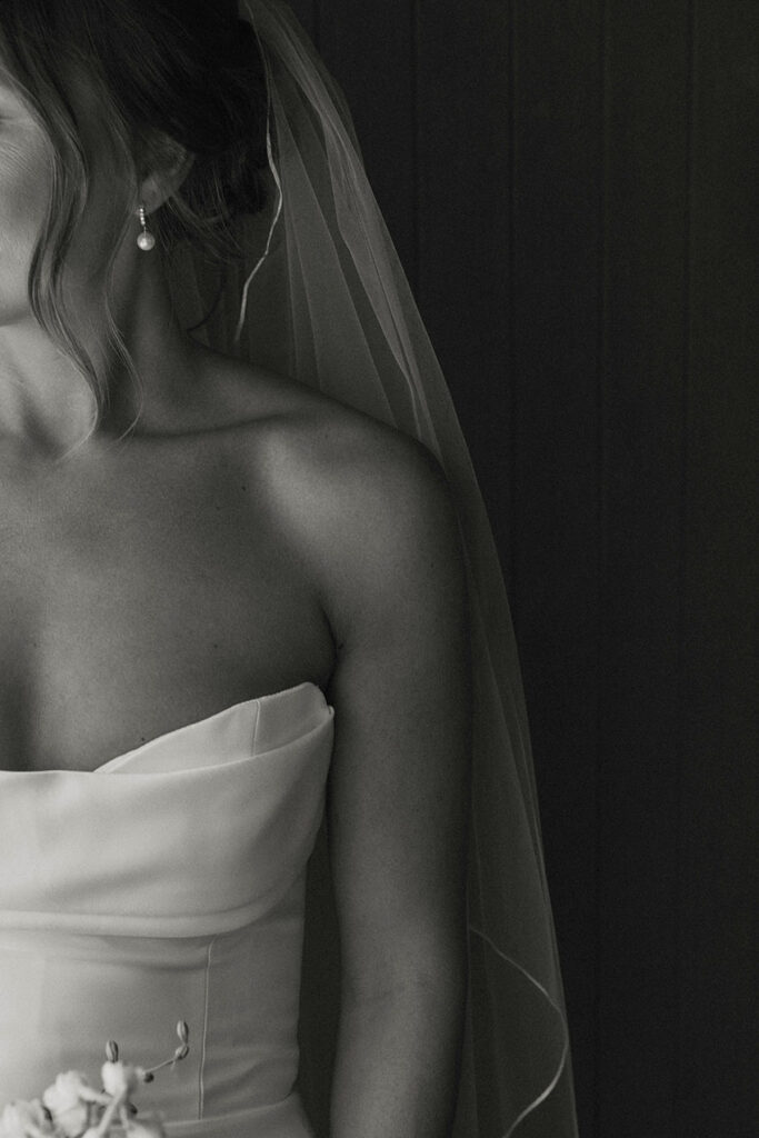 Close up of bride's wedding veil and earrings at Valhalla Tahoe