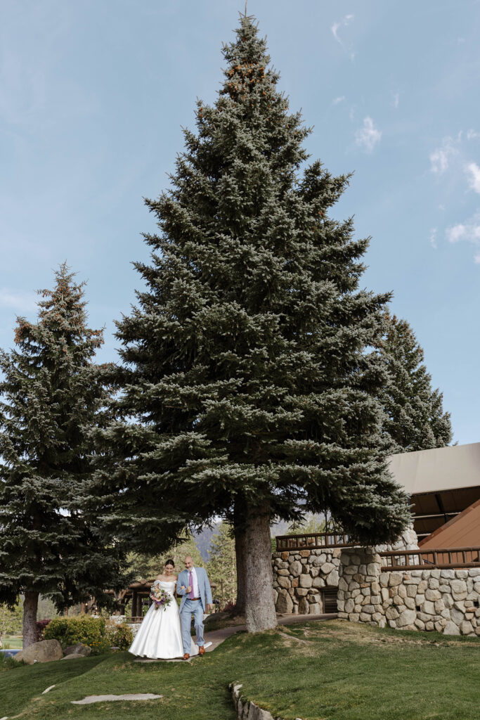 Bride holding dad's arm while walking down to wedding ceremony next to large trees and rock wall at Edgewood Tahoe